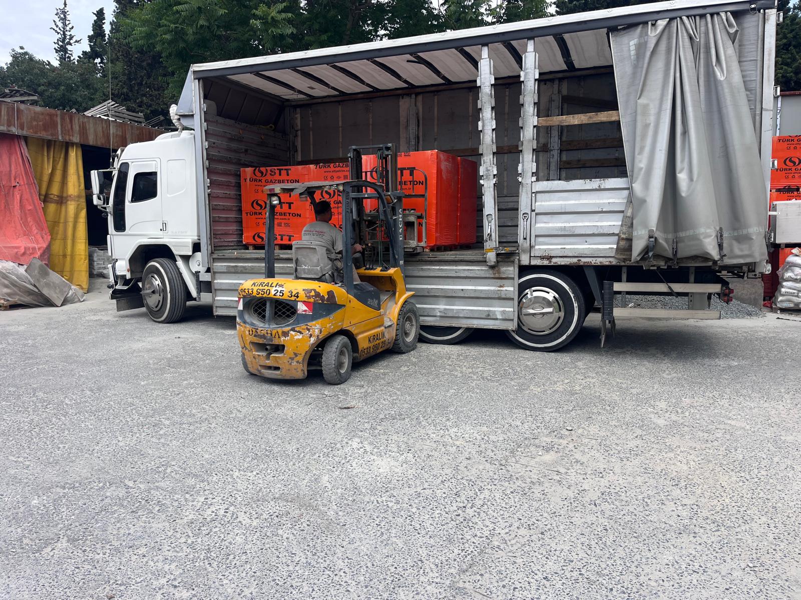 Forklift ile gazbeton paletinin kamyondan indirilmesi